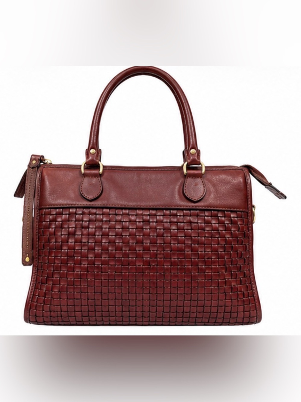 Del Mano Woven Burgundy Brown Structured Satchel Handbag